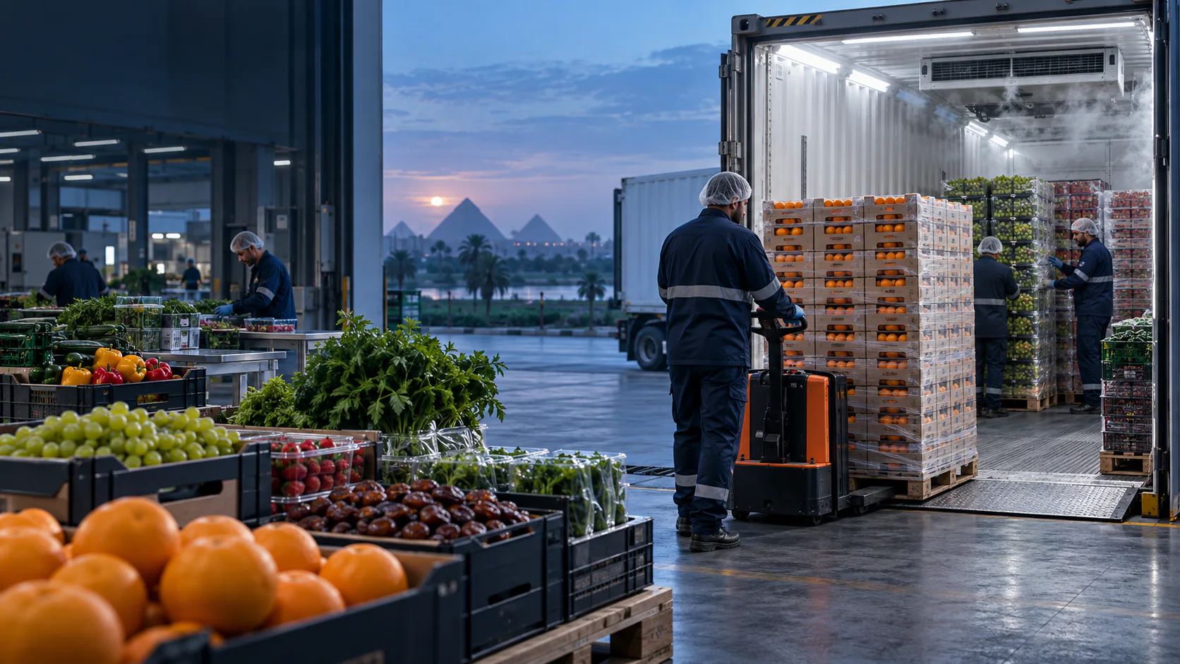 Egyptian fresh produce being loaded into a refrigerated export container
