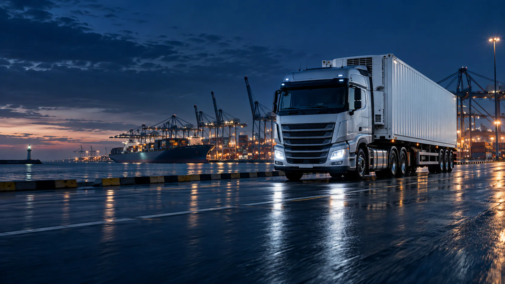 Refrigerated container truck heading toward an Egyptian port at blue hour